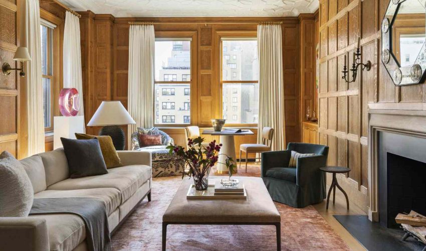 Living room with white color curtains