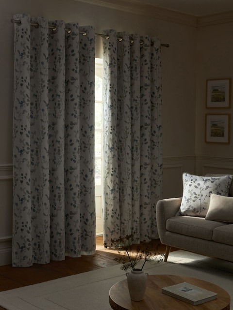 Blue Honesty Leaf Floral Print Curtains