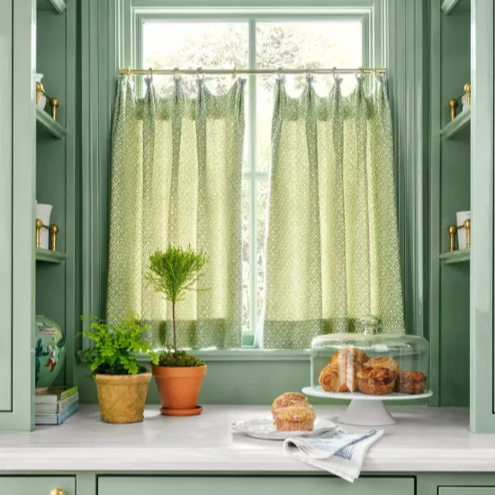 linen curtain install in kitchen
