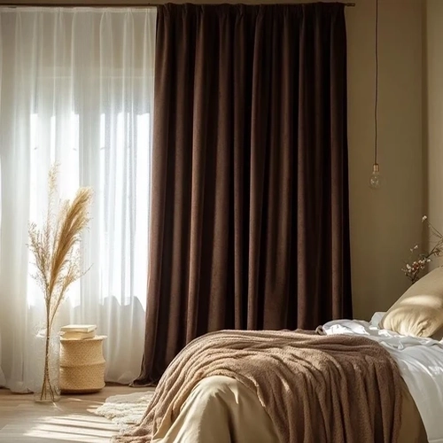 Dark Brown blackout and white sheer Bedroom Curtains