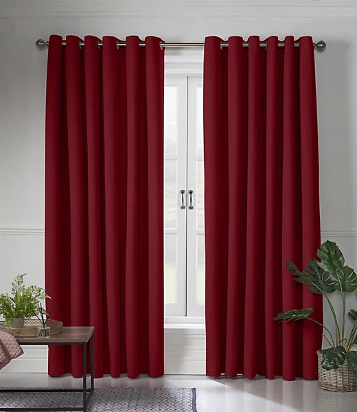 Linen Look Eyelet Ring Top Blackout Curtains Red