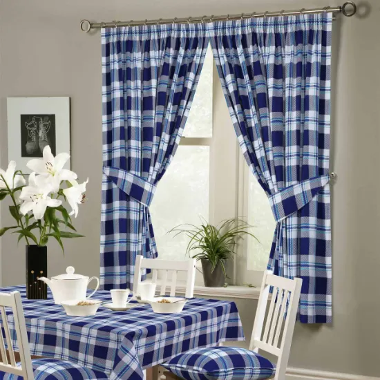 blue cotton curtain install in kitchen