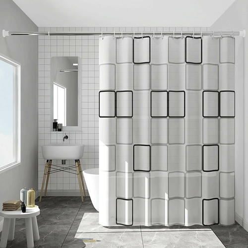 geometric design shower curtain install in Dubai apartment