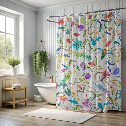 Floral patterned shower curtain install in Dubai home