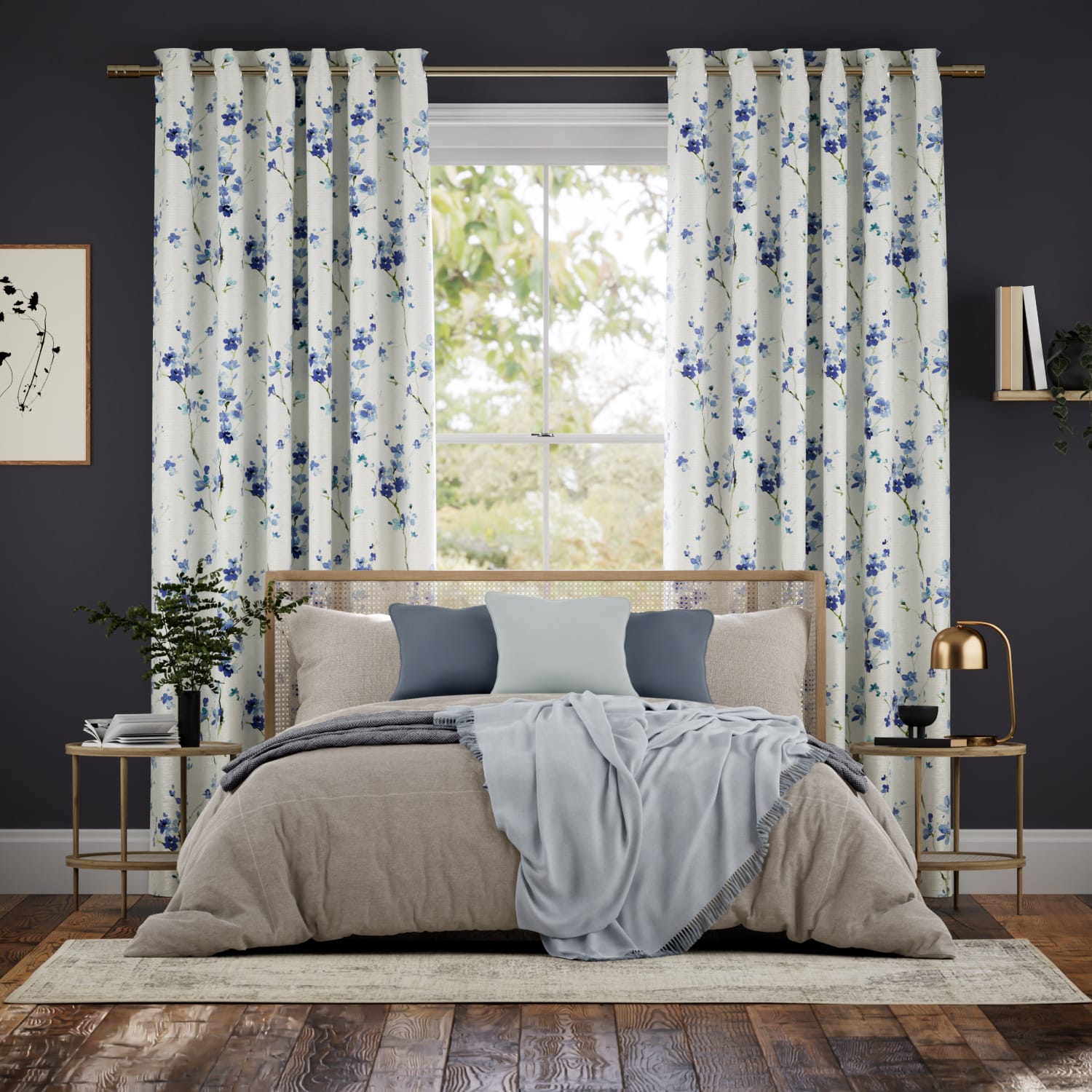 Fuji Blossom Faux Silk Azure Curtains
