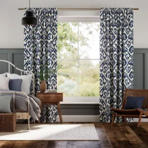 Ikat Damask Deep Ink Blue Patterned Curtains