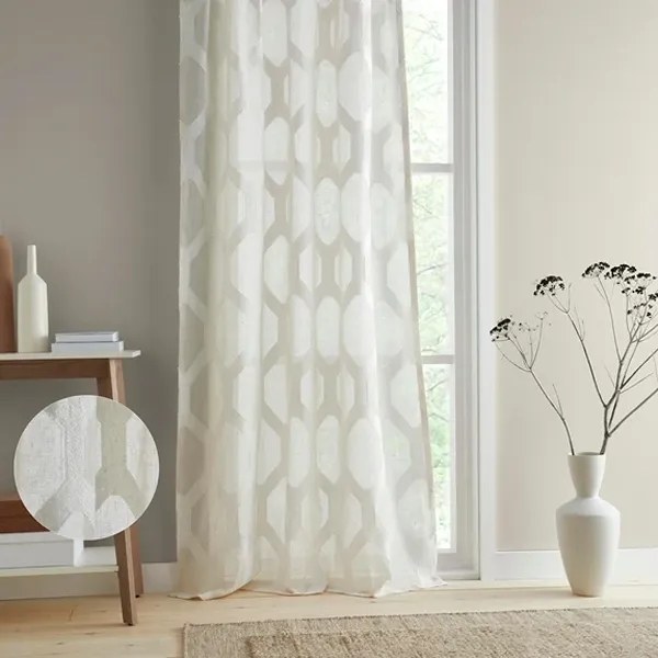 Linara Natural Geometric Slot Top White Curtains