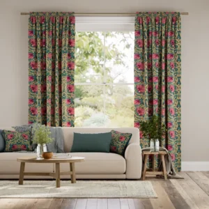 William Morris Pimpernel Teal Floral Pink Curtains