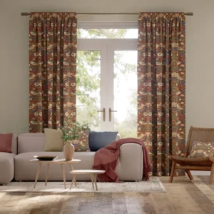 William Morris Strawberry Thief Harissa Red Floral Pencil Pleat Curtains